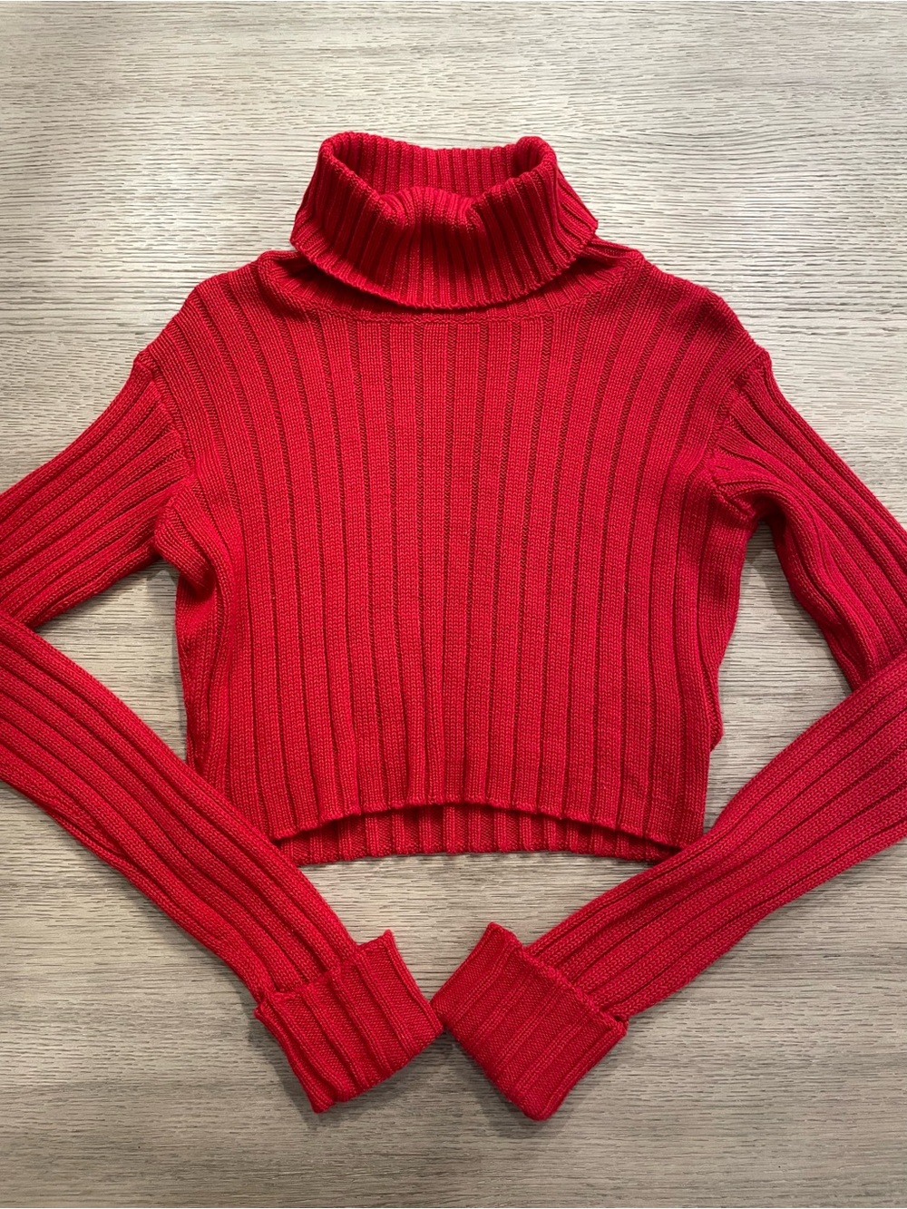Revamped Bright Red Ribbed Turtleneck Crop Sweater